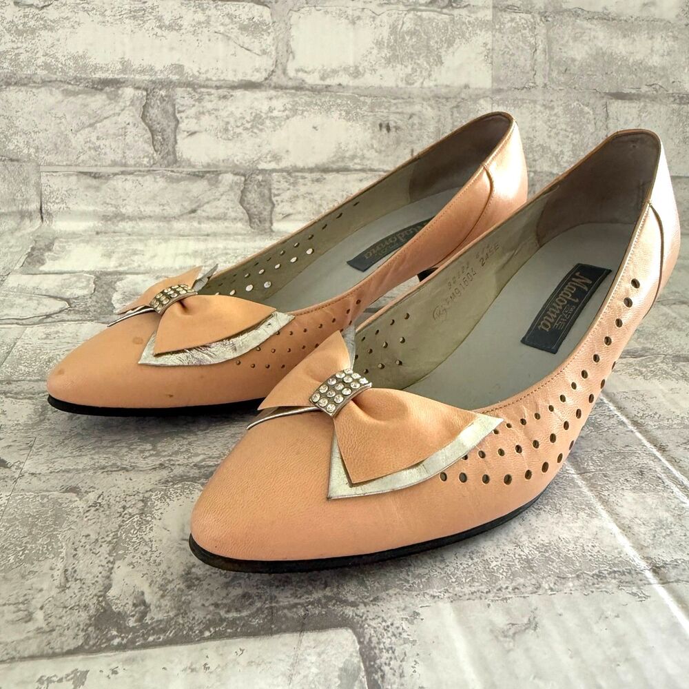 VTG Elcanto Madonna Coquette Peach Leather Bow Rhinestone Pump Heel 7.5E